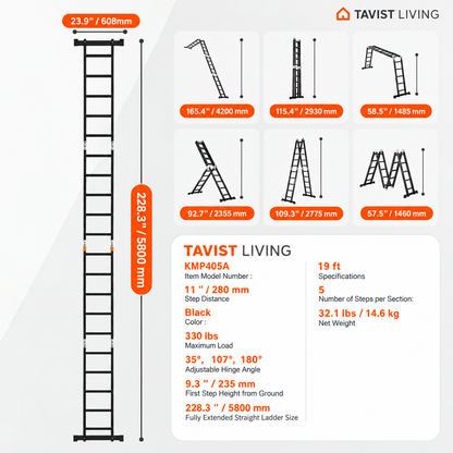 7-in-1 19FT Aluminum Multi-Purpose Extension Ladder – 330 lbs Capacity
