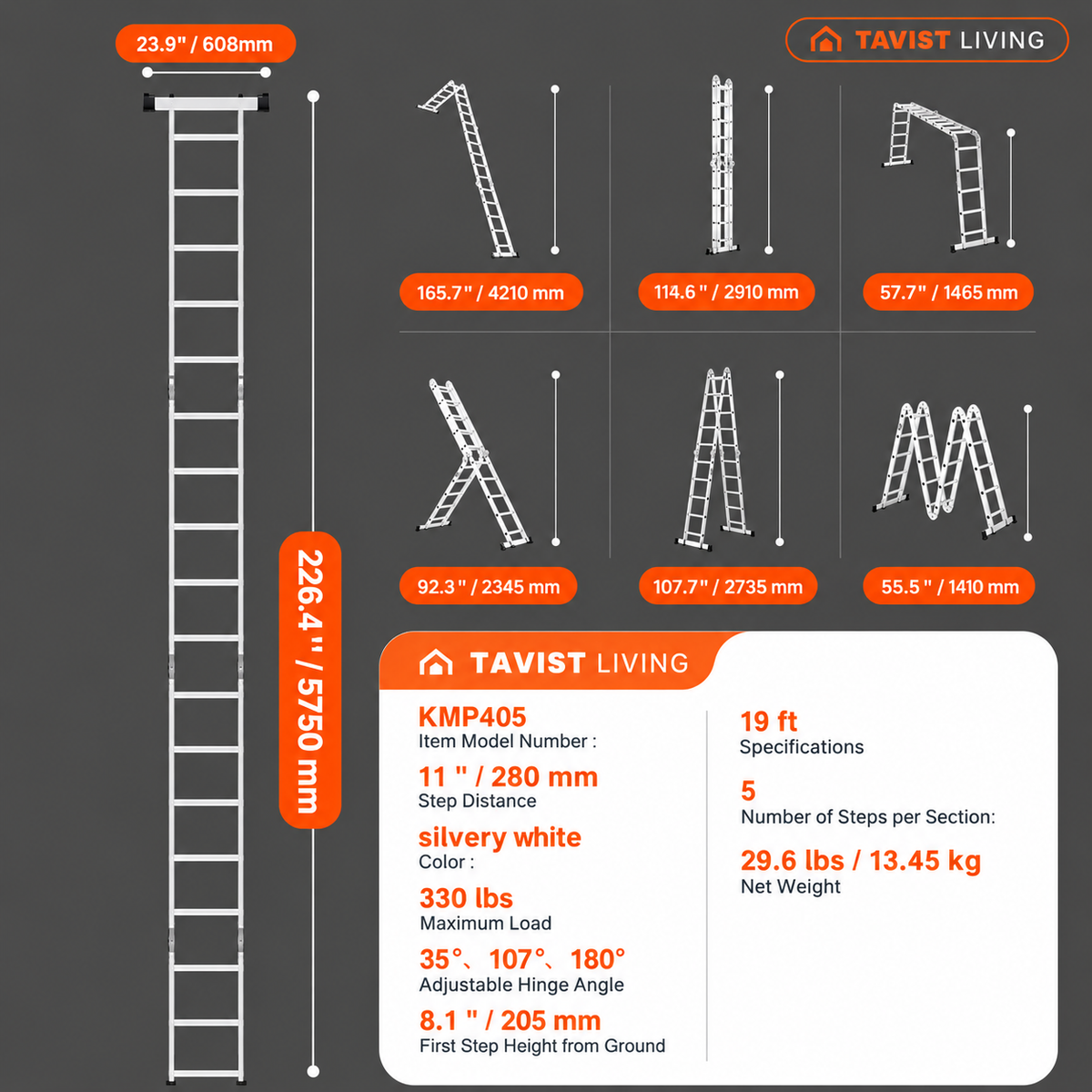 7-in-1 19FT Aluminum Multi-Purpose Extension Ladder – 330 lbs Capacity