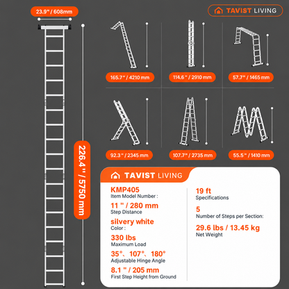 7-in-1 19FT Aluminum Multi-Purpose Extension Ladder – 330 lbs Capacity