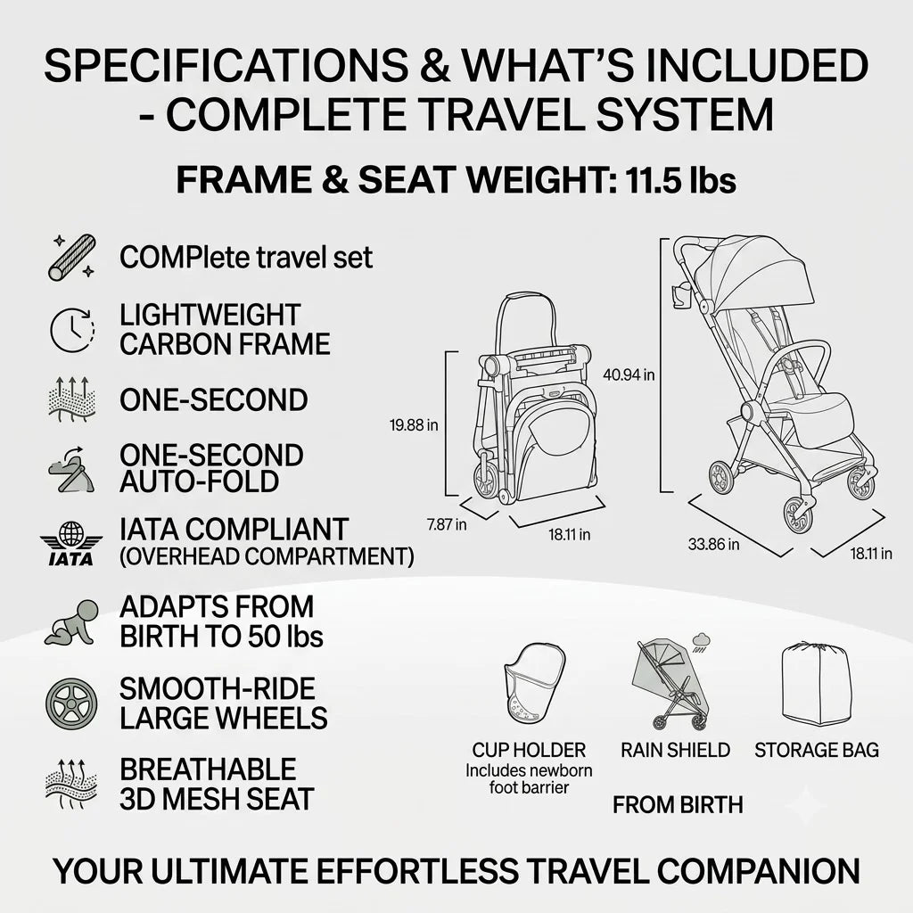 11.5 lbs Lightweight Travel Stroller - One-Second Auto Fold