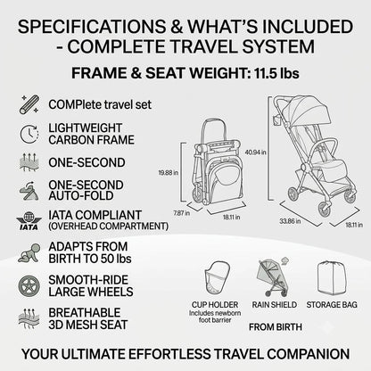 11.5 lbs Lightweight Travel Stroller - One-Second Auto Fold