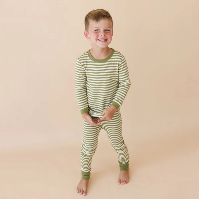 Parade Organics / "My Jammies" Organic Striped Kids' Pajamas  5/6 Years, Olive
